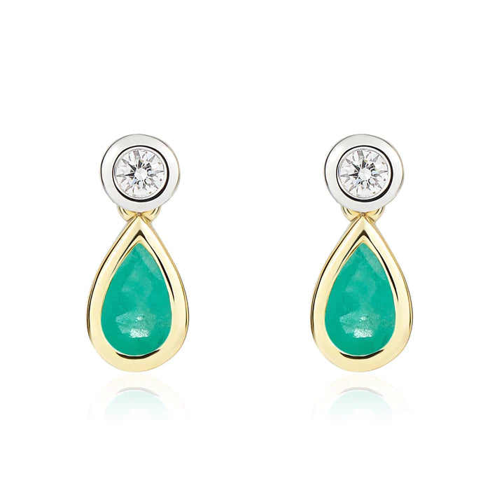 18 Carat Yellow & White Gold Pear-shaped Emerald & Diamond Earrings