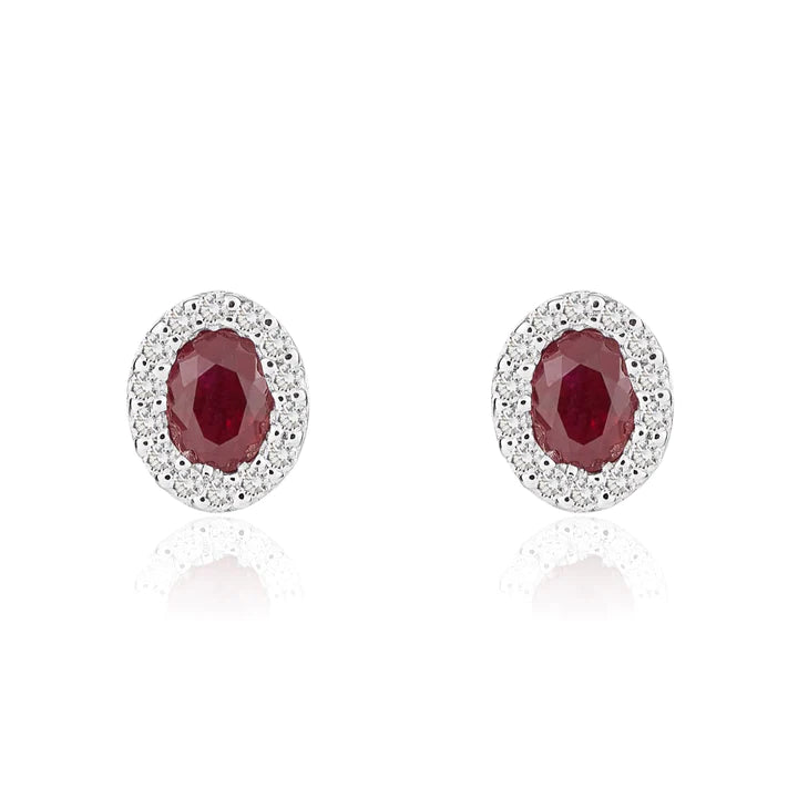 18 Carat White Gold Oval Ruby & Diamond Cluster Earrings