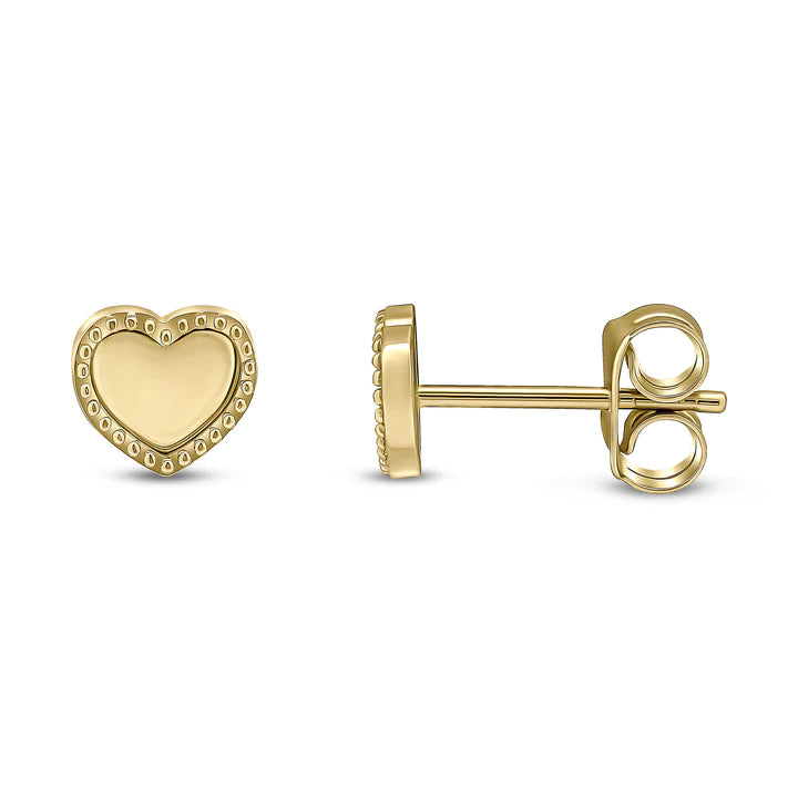 9CT Yellow Gold Beaded Edge Heart Stud Earrings
