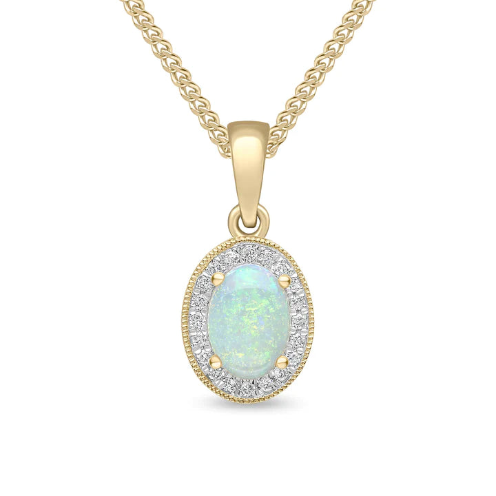 18 Carat Yellow Gold Opal & Diamond Halo Pendant & Chain
