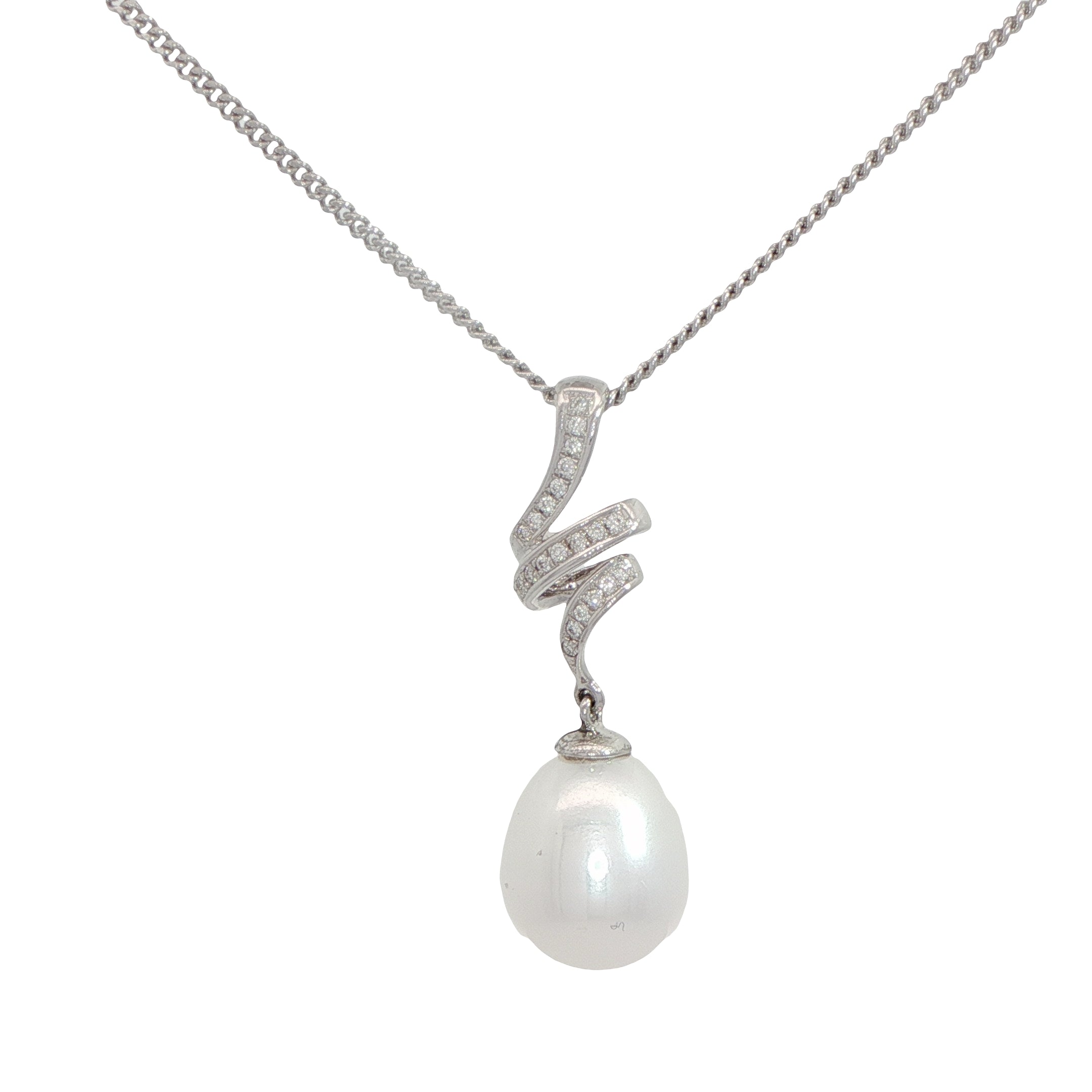 18 Carat White Gold Cultured Pearl and Diamond Drop Pendant on Chain