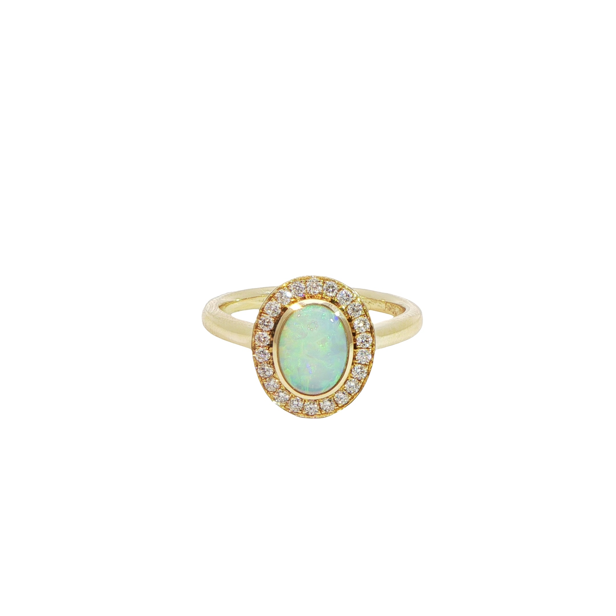 18 Carat Yellow Gold Opal and Diamond Halo Ring