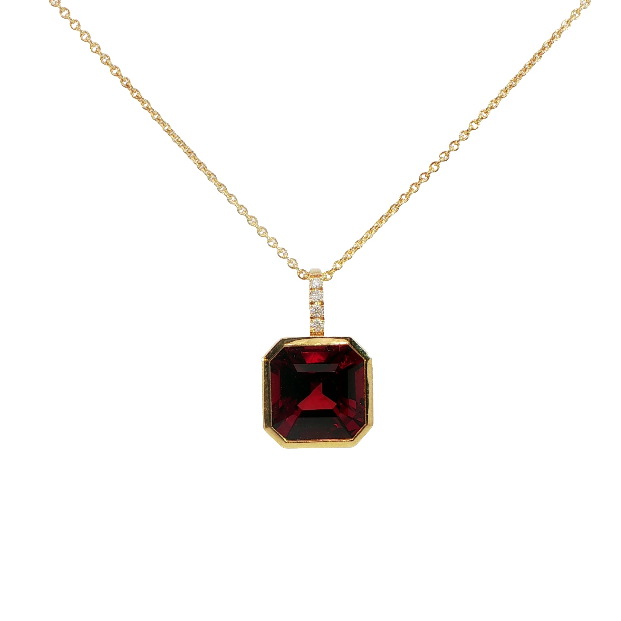 18 Carat Yellow Gold Garnet and Diamond Pendant on Chain