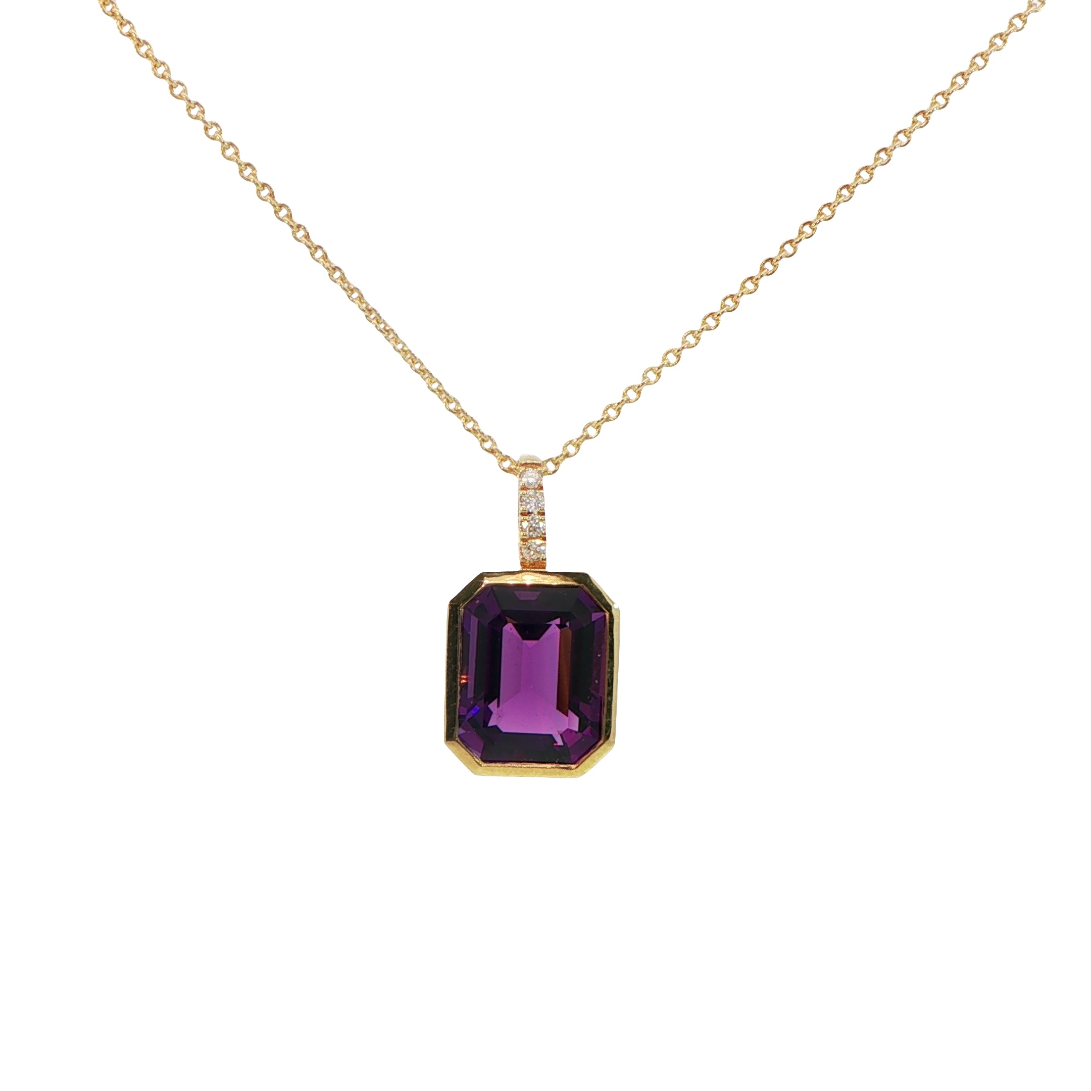 18 Carat Yellow Gold Amethyst and Diamond Pendant on Chain