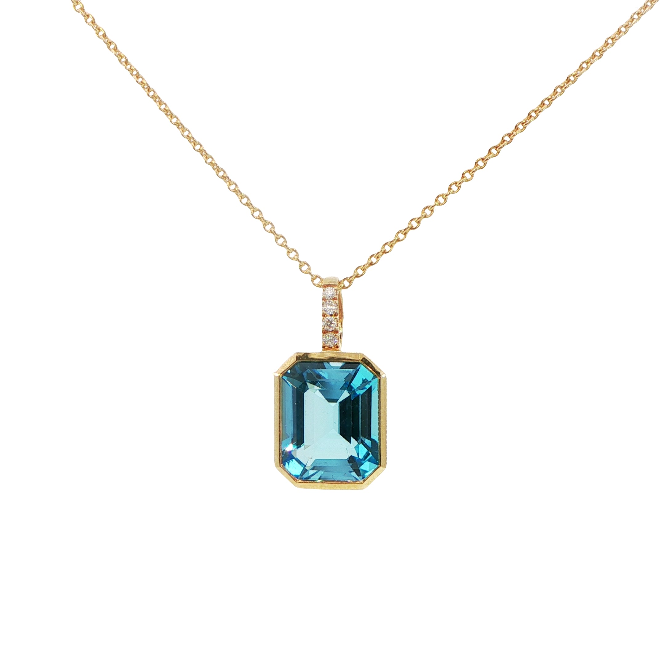 18 Carat Yellow Gold Blue Topaz and Diamond Pendant on Chain