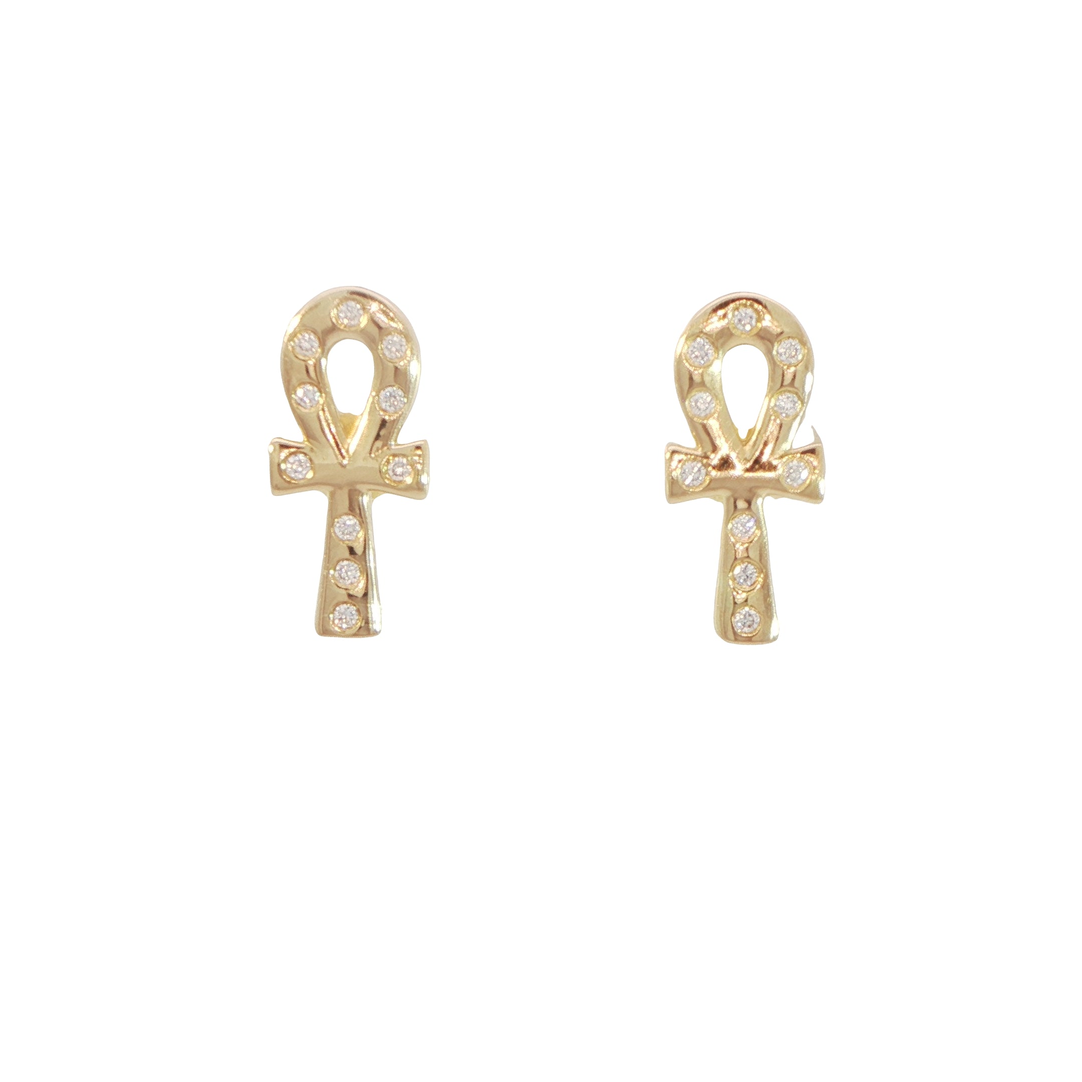 18 Carat Yellow Gold Diamond Egyptian Ankh Earrings
