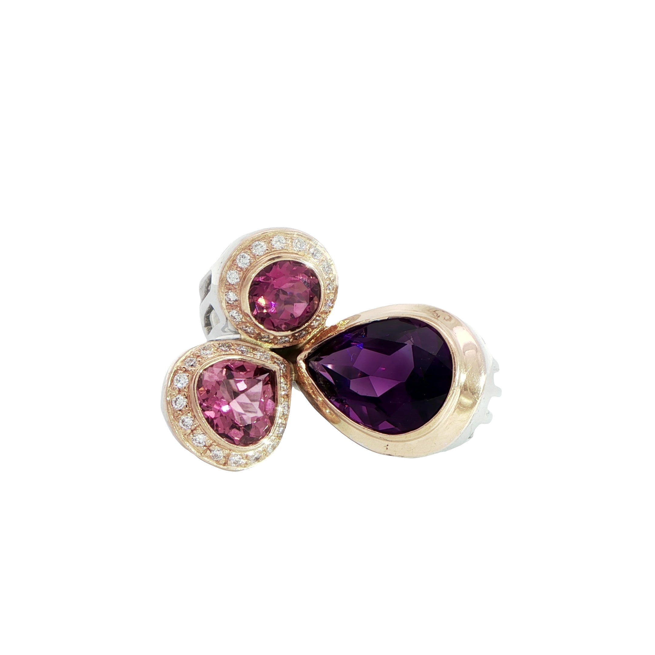 14 Carat White and Yellow Gold Tourmaline, Amethyst and Diamond Dress Ring