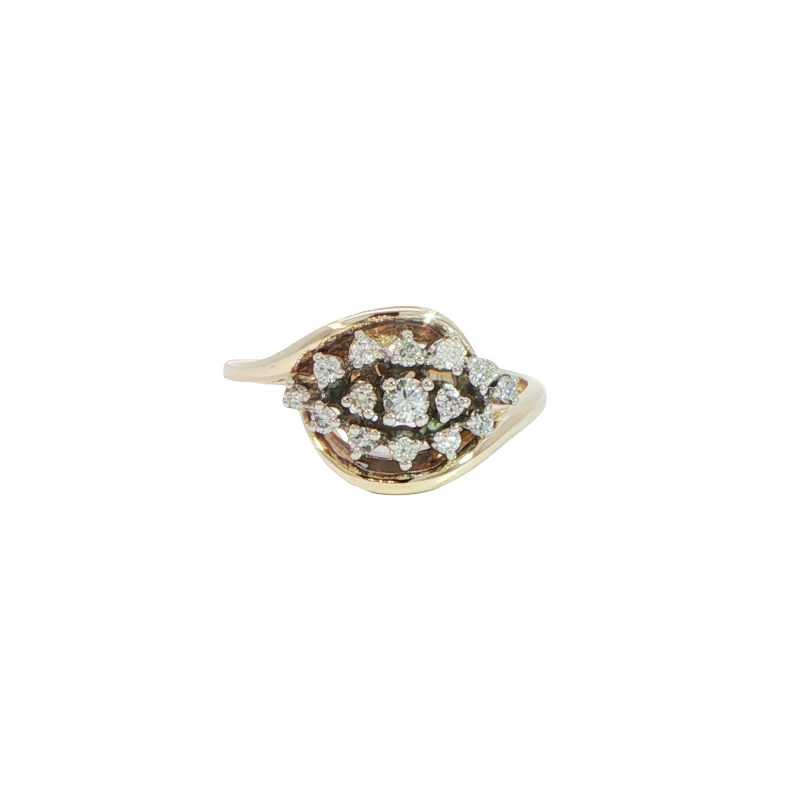14 Carat Yellow Gold Diamond Cluster Crossover Ring