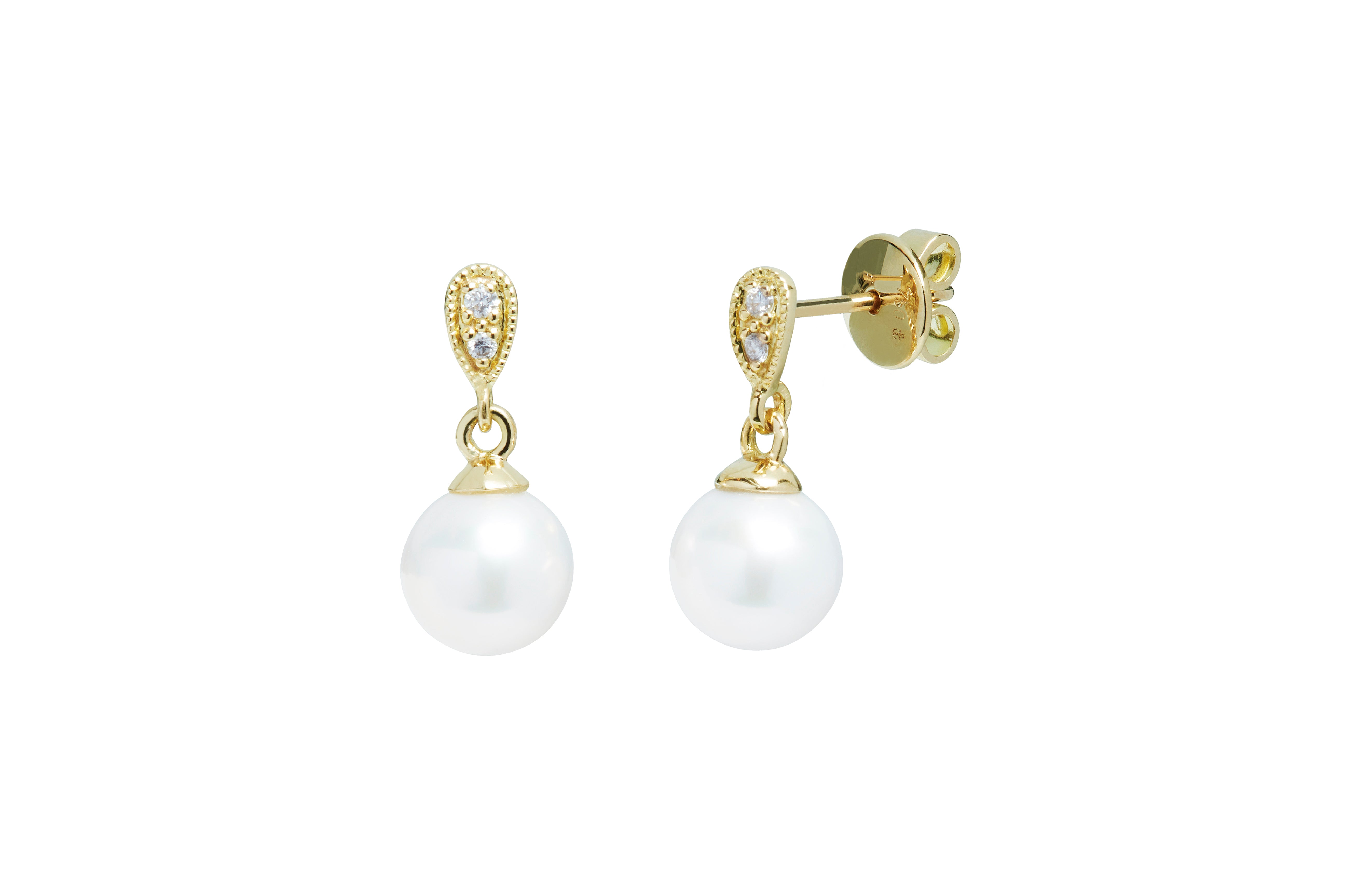 18ct Gold Cultured Pearl and Diamond Drop Stud Earrings