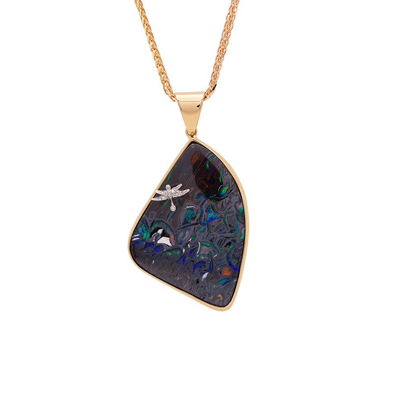 18 Carat Yellow Gold Matrix Opal & Diamond Dragonfly Pendant on Chain