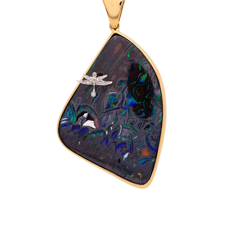 18 Carat Yellow Gold Matrix Opal & Diamond Dragonfly Pendant on Chain