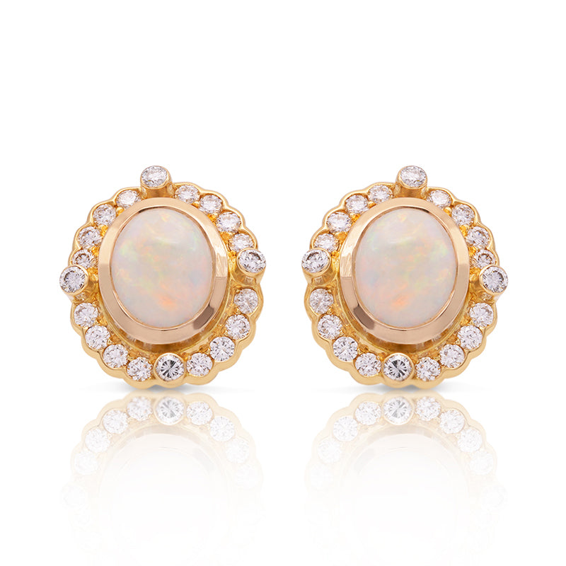18 Carat Yellow Gold Opal & Diamond Pendant, Chain and Earring Set