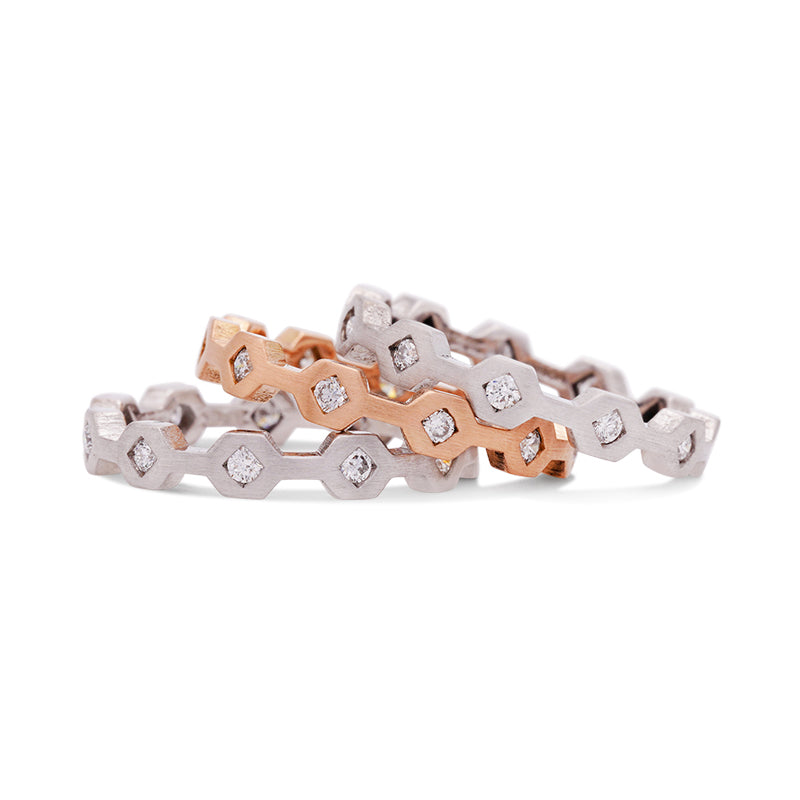 18ct White & Rose Gold Hexagonal Stacking Diamond Rings