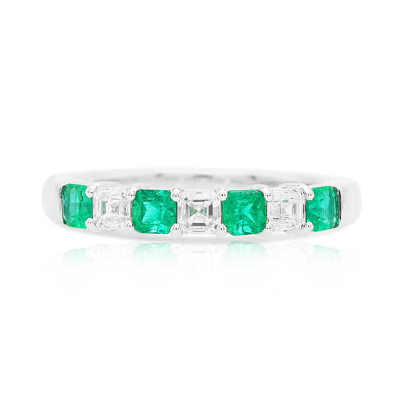 18 Carat White Gold Asscher Cut Emerald and Diamond Ring