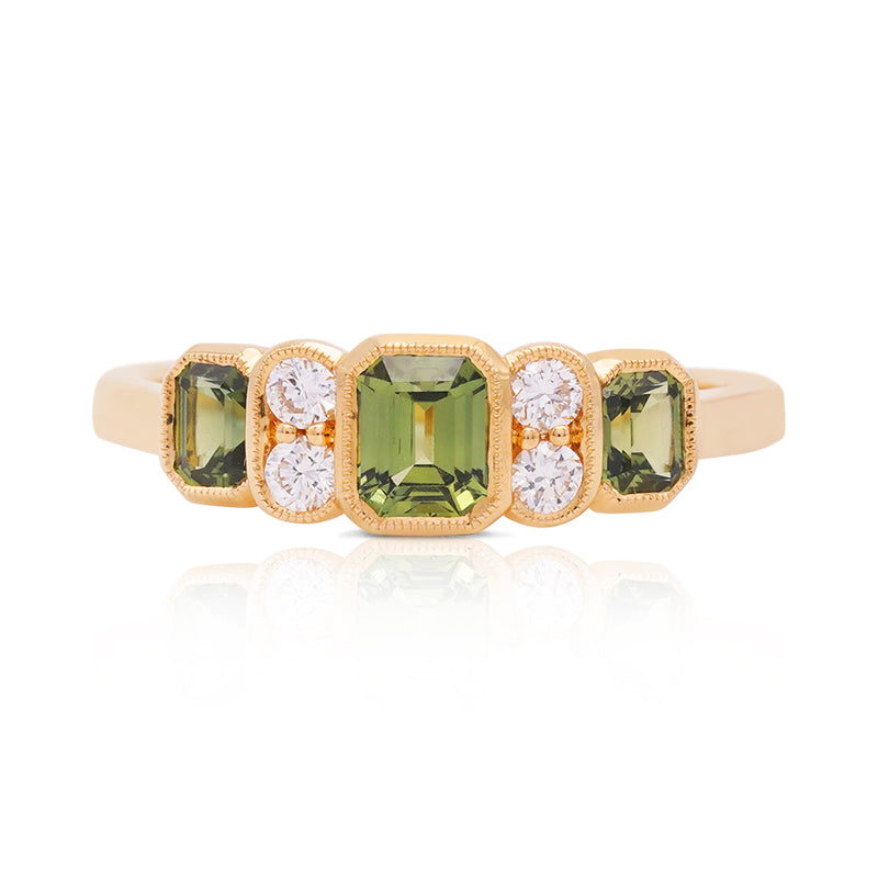 18 Carat Yellow Gold Moss Green Sapphire and Diamond Ring