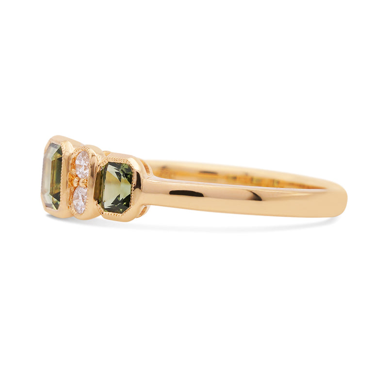 18 Carat Yellow Gold Moss Green Sapphire and Diamond Ring