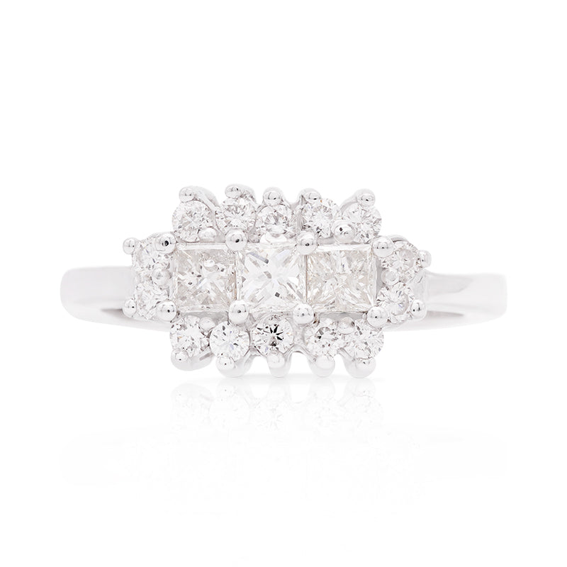 18 Carat White Gold Princess & Round Diamond Cluster Ring