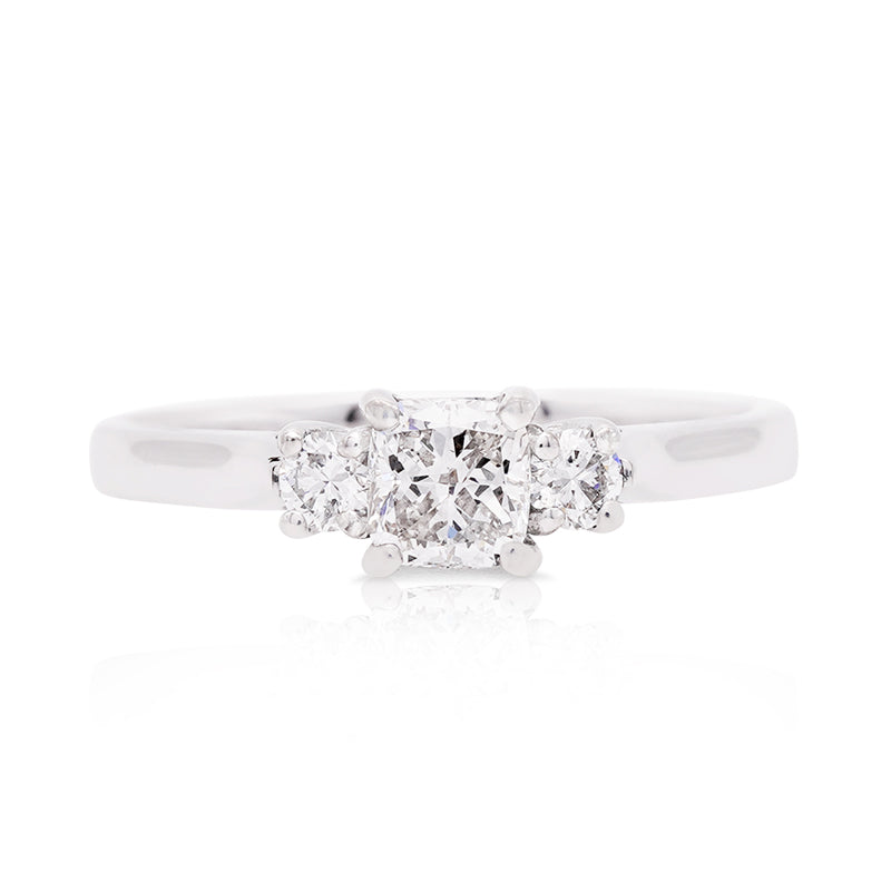 18ct White Gold Cushion Cut Three-Stone Diamond Ring