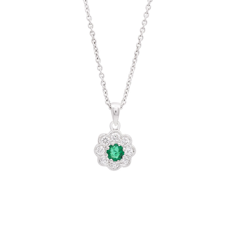 18 Carat White Gold Emerald and Diamond Cluster Pendant on Chain