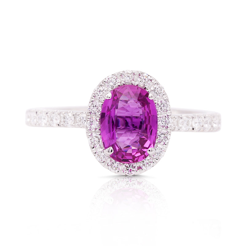 18 Carat White Gold Pink Sapphire and Diamond Halo Ring