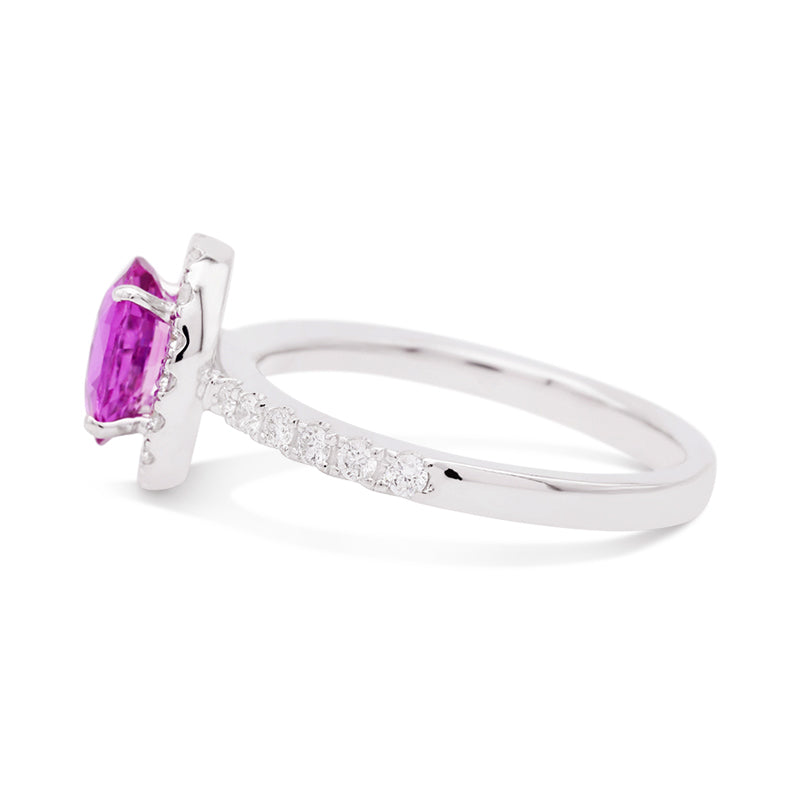 18 Carat White Gold Pink Sapphire and Diamond Halo Ring