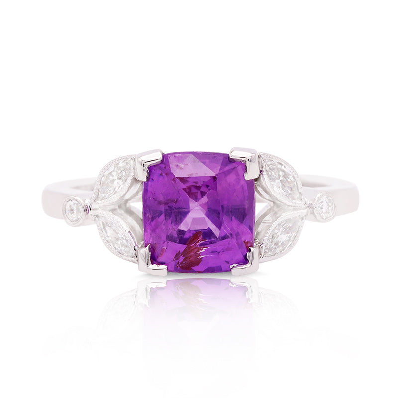 18 Carat White Gold Pink Sapphire and Diamond Leaf Ring
