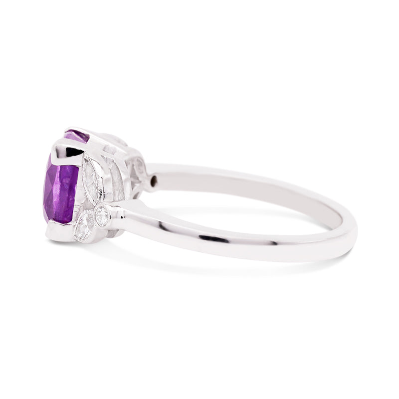 18 Carat White Gold Pink Sapphire and Diamond Leaf Ring