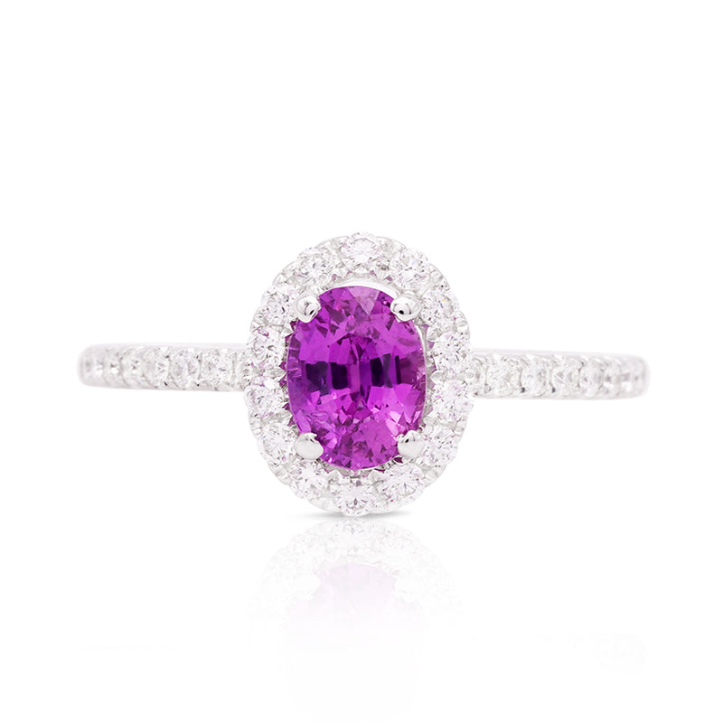 18 Carat White Gold Pink Sapphire and Diamond Halo Ring
