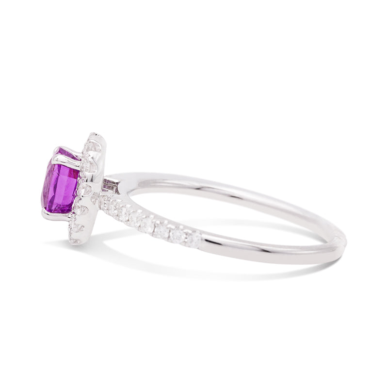 18 Carat White Gold Pink Sapphire and Diamond Halo Ring