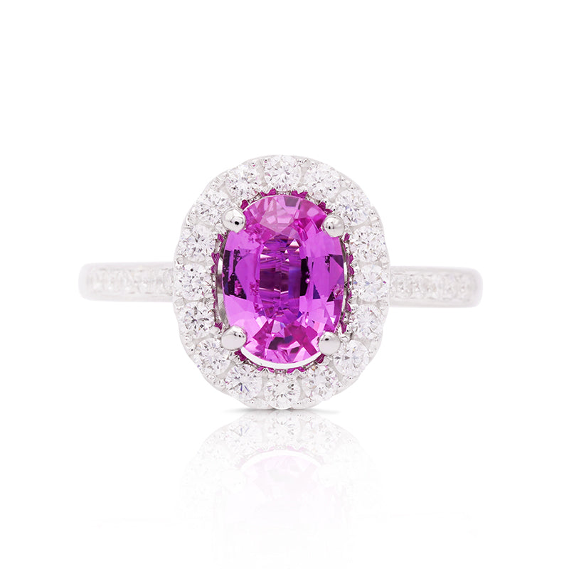 18 Carat White Gold Pink Sapphire and Diamond Halo Ring