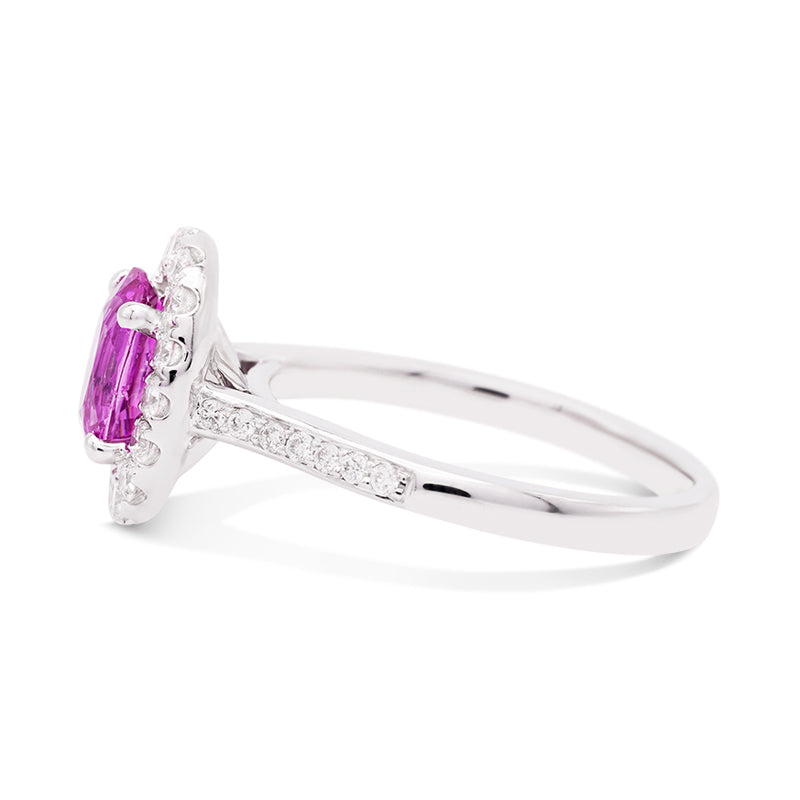 18 Carat White Gold Pink Sapphire and Diamond Halo Ring