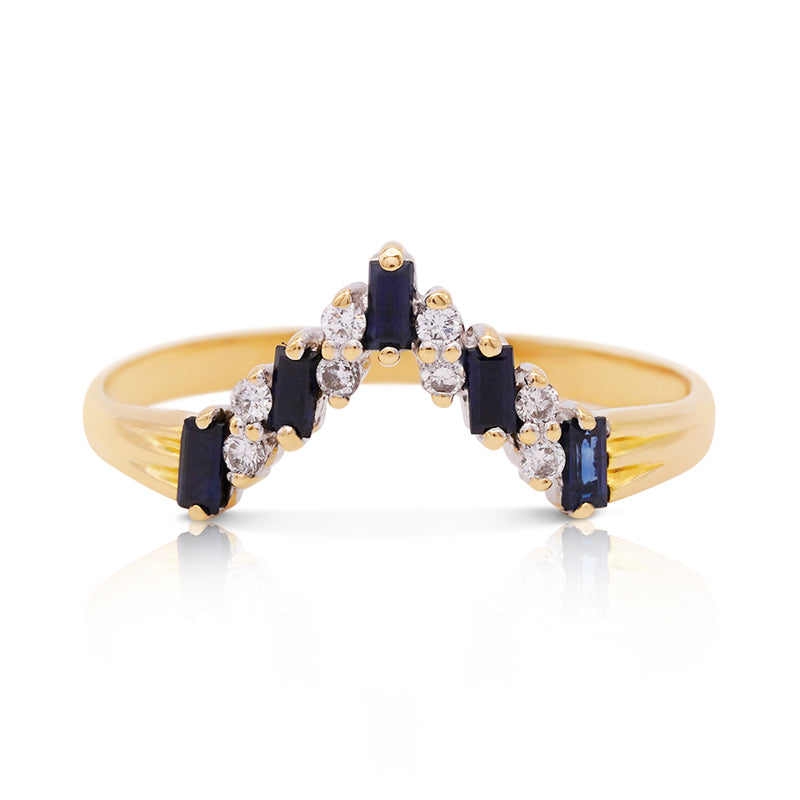 Retro 18ct Yellow Gold Wishbone Ring with Sapphires & Diamonds
