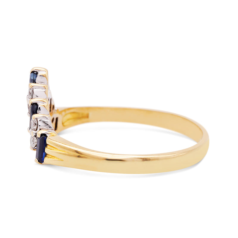 Retro 18ct Yellow Gold Wishbone Ring with Sapphires & Diamonds