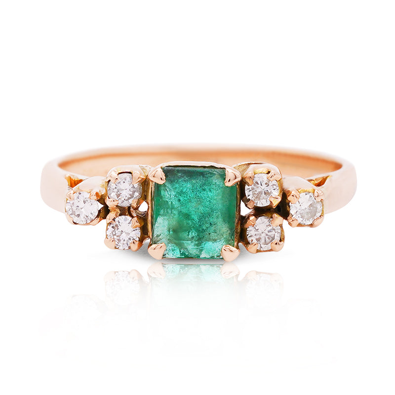 14 Carat Yellow Gold Art Deco Emerald & Diamond Ring
