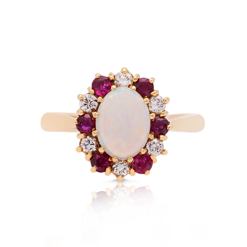18 Carat Yellow Gold Opal, Ruby and Diamond Cluster Ring