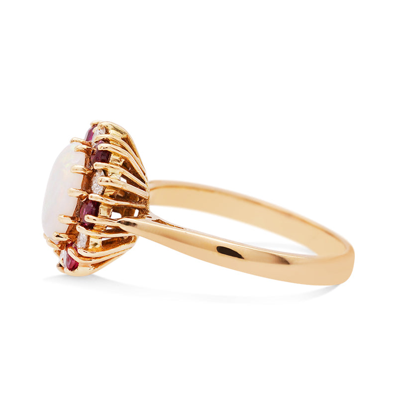 18 Carat Yellow Gold Opal, Ruby and Diamond Cluster Ring