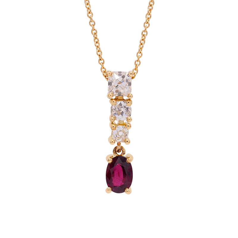 18 Carat Yellow Gold Ruby and Diamond Drop Pendant on Chain