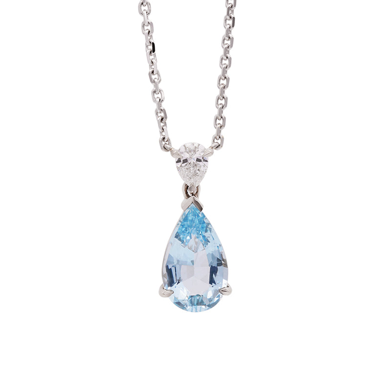 18 Carat White Gold Pear Aquamarine and Diamond Necklace