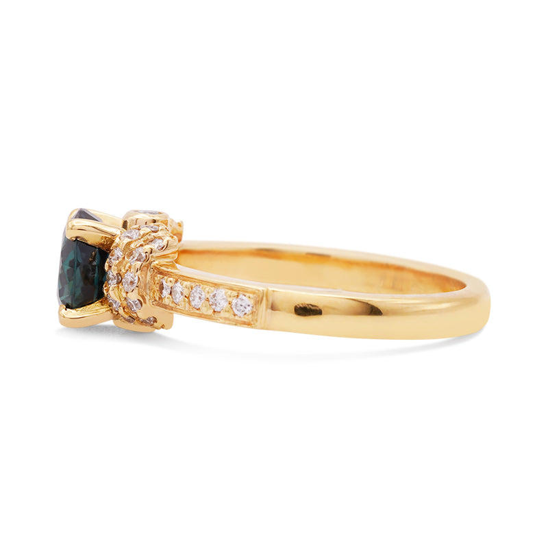 18 Carat Yellow Gold Teal Sapphire and Diamond Ring