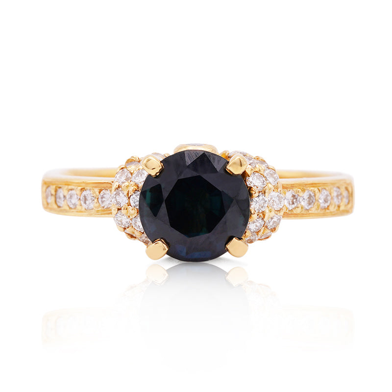 18 Carat Yellow Gold Teal Sapphire and Diamond Ring