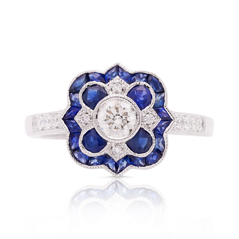 18 Carat White Gold Floral-Inspired Sapphire & Diamond Dress Ring