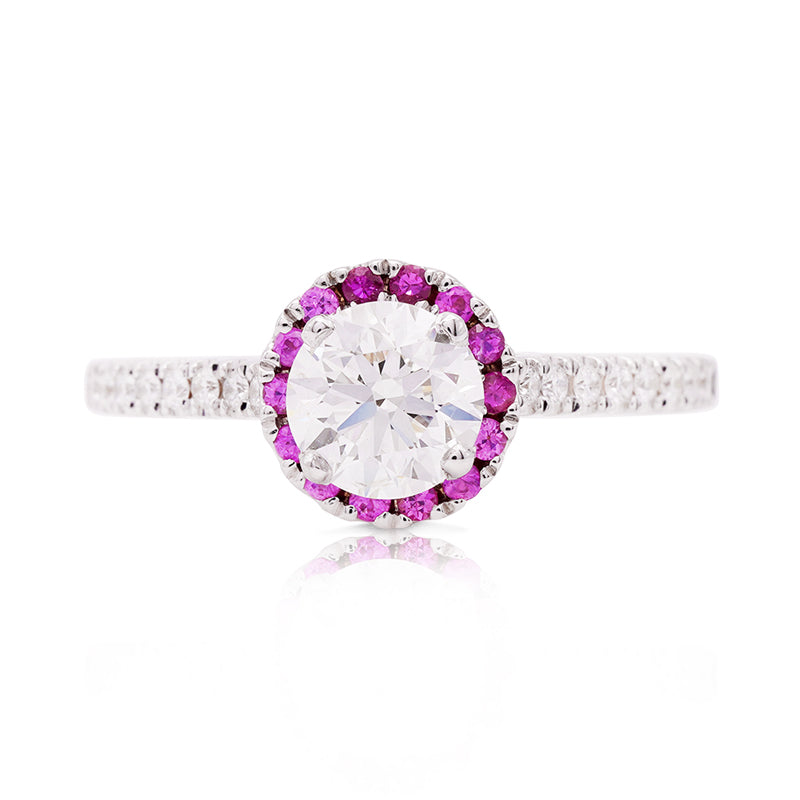 18 Carat White Gold Pink Sapphire and Diamond Halo Ring