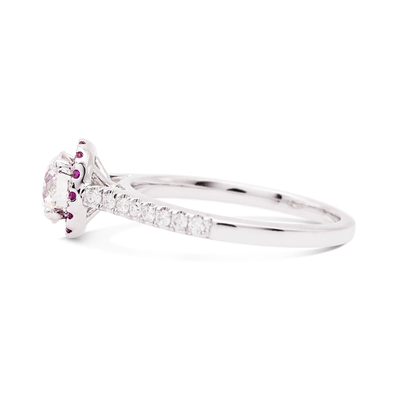18 Carat White Gold Pink Sapphire and Diamond Halo Ring