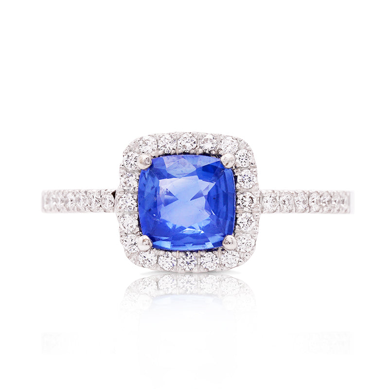 18 Carat White Gold Cushion Cut Sapphire and Diamond Ring