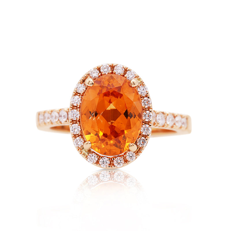 18 Carat Yellow Gold Mandarin Garnet & Diamond Halo Ring