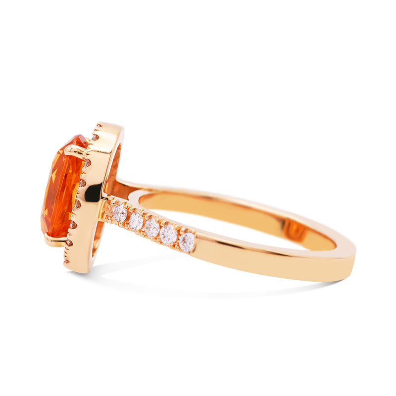 18 Carat Yellow Gold Mandarin Garnet & Diamond Halo Ring