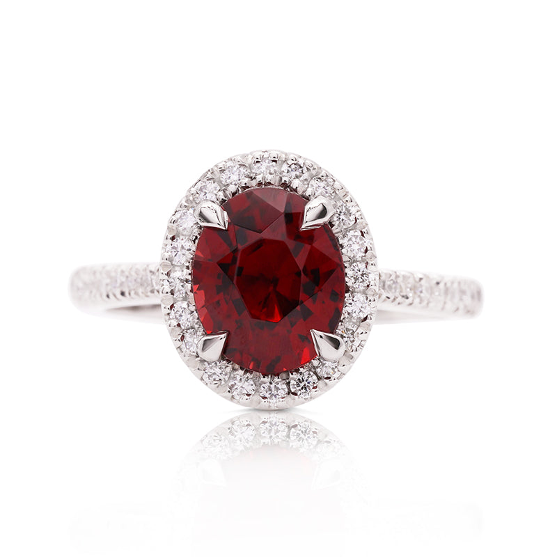 Platinum Pyrope Garnet and Diamond Halo Ring
