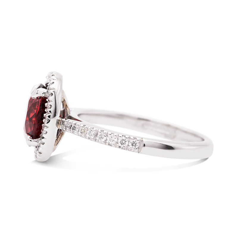Platinum Pyrope Garnet and Diamond Halo Ring