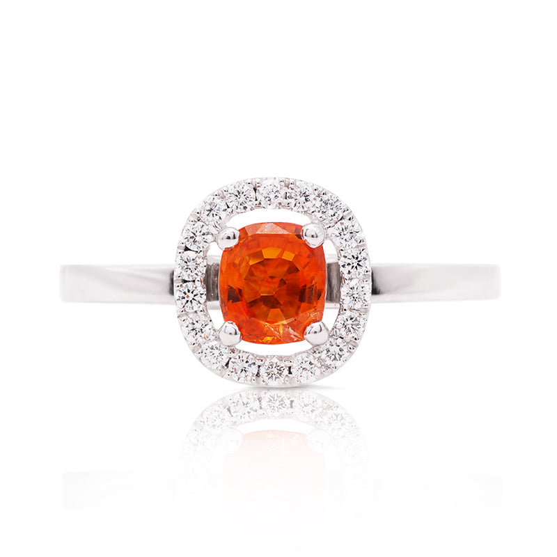 Platinum Orange Sapphire and Diamond Halo Ring