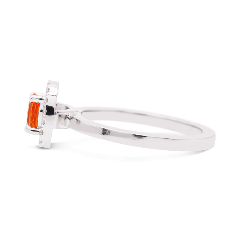 Platinum Orange Sapphire and Diamond Halo Ring